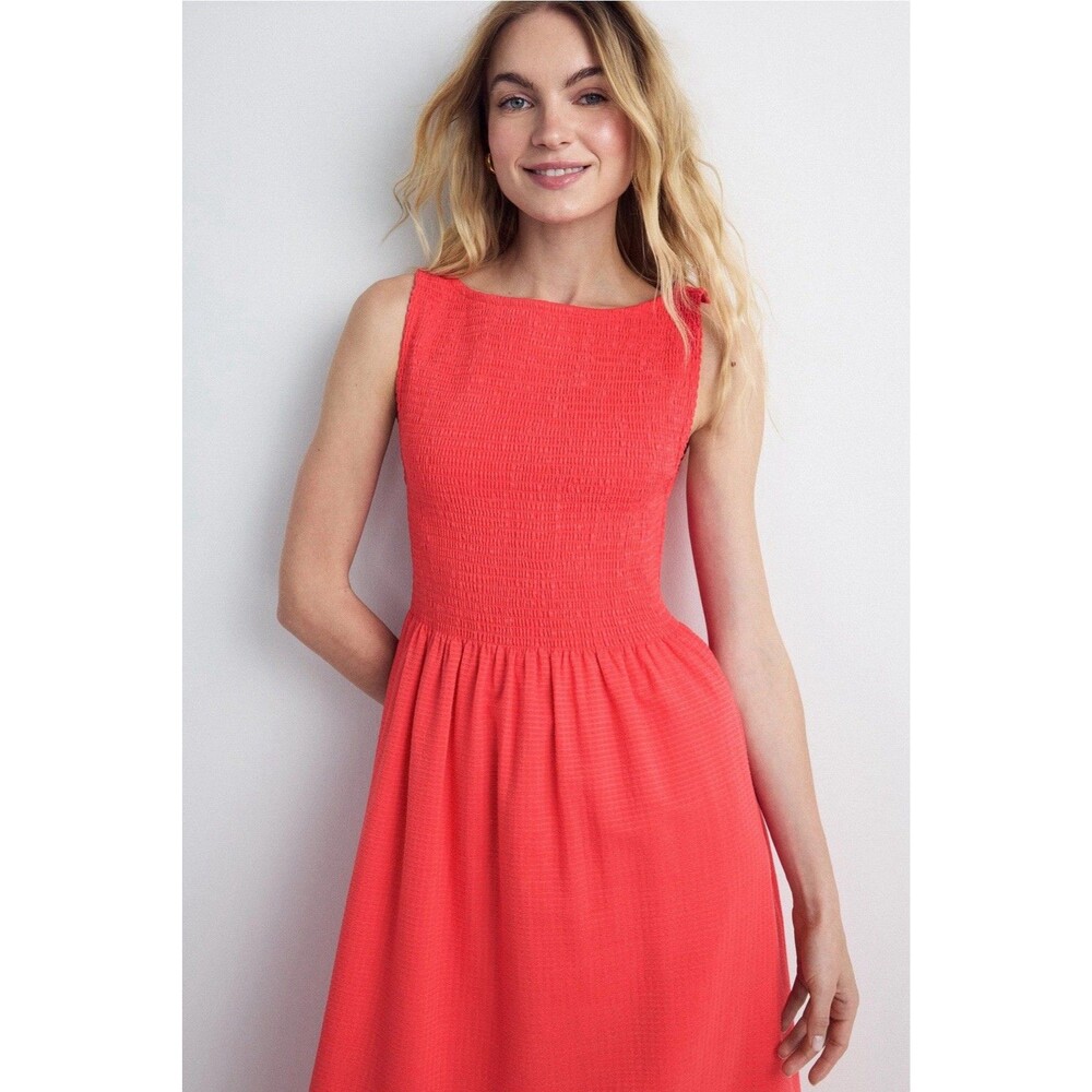 Hill House Home The Cosima Nap Dress Red Coral Smocked Midi Sleeveless Size M